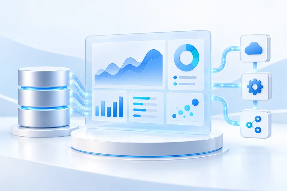 ภาพ AI แสดง Dashboard กราฟข้อมูล ฐานข้อมูล และการเชื่อมต่อ API