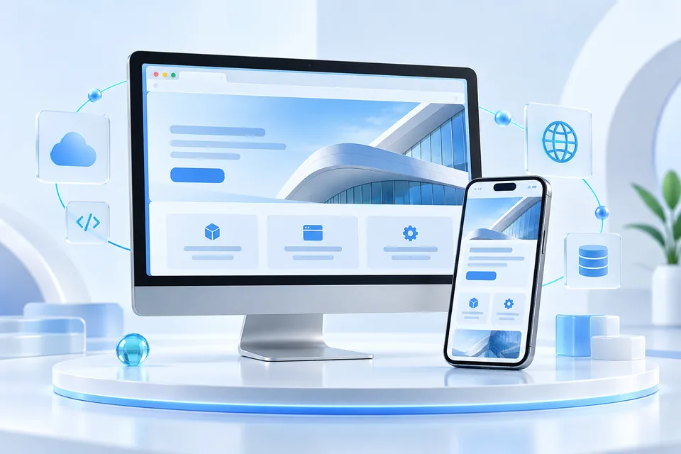 ภาพ AI แสดงเว็บไซต์บริษัท Web Application และหน้าจอบนคอมพิวเตอร์กับโทรศัพท์