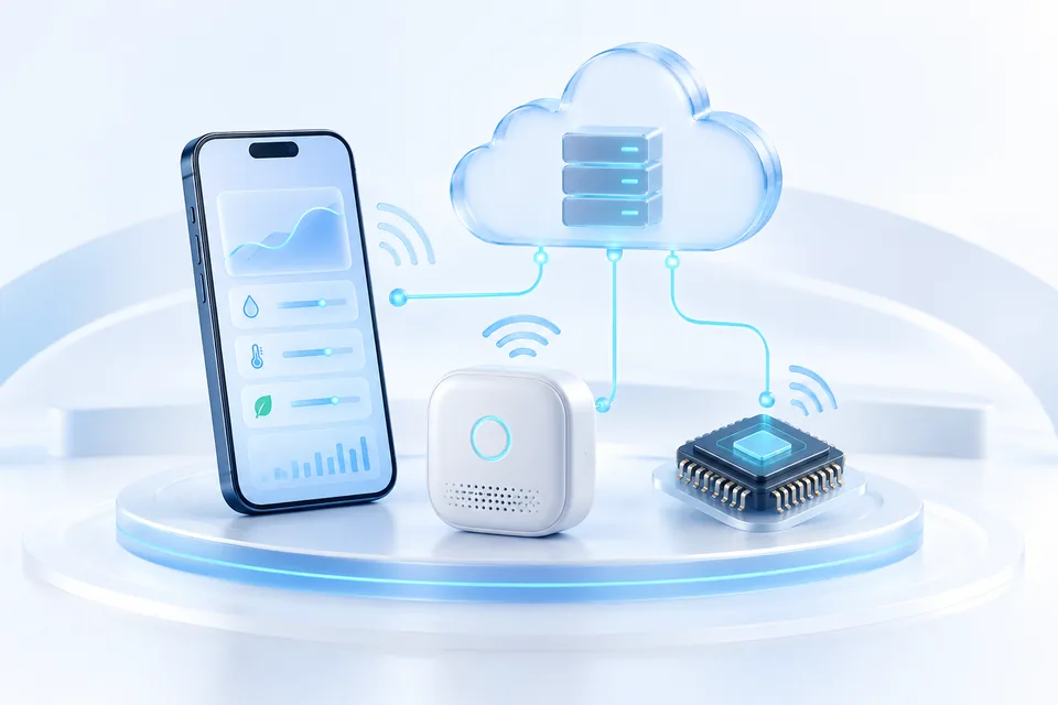 ภาพ AI แสดง Mobile App อุปกรณ์ IoT ไมโครชิป และระบบ Cloud ที่เชื่อมต่อกัน